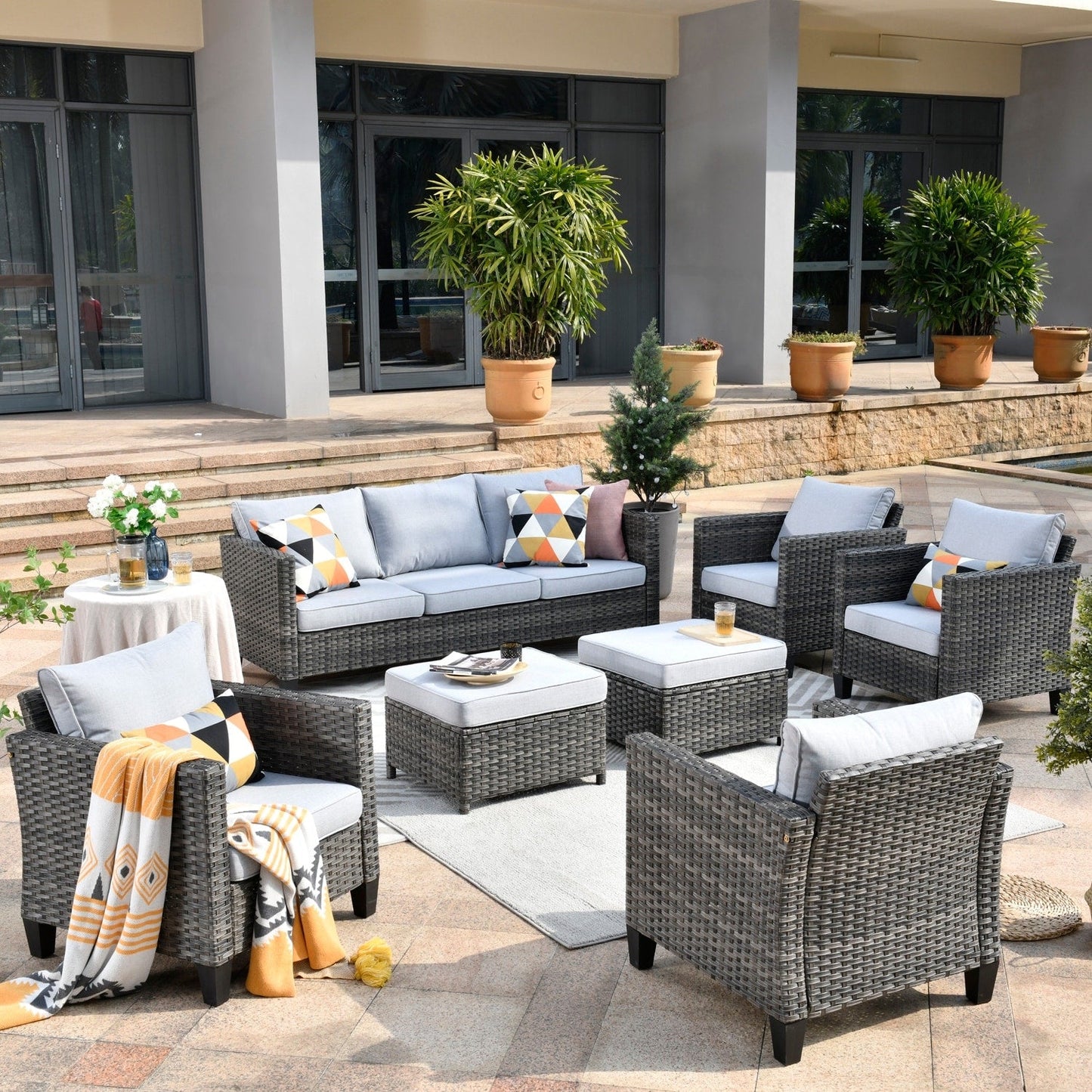 Ensemble de conversation extérieur en osier OVIOS 7 pièces pour patio