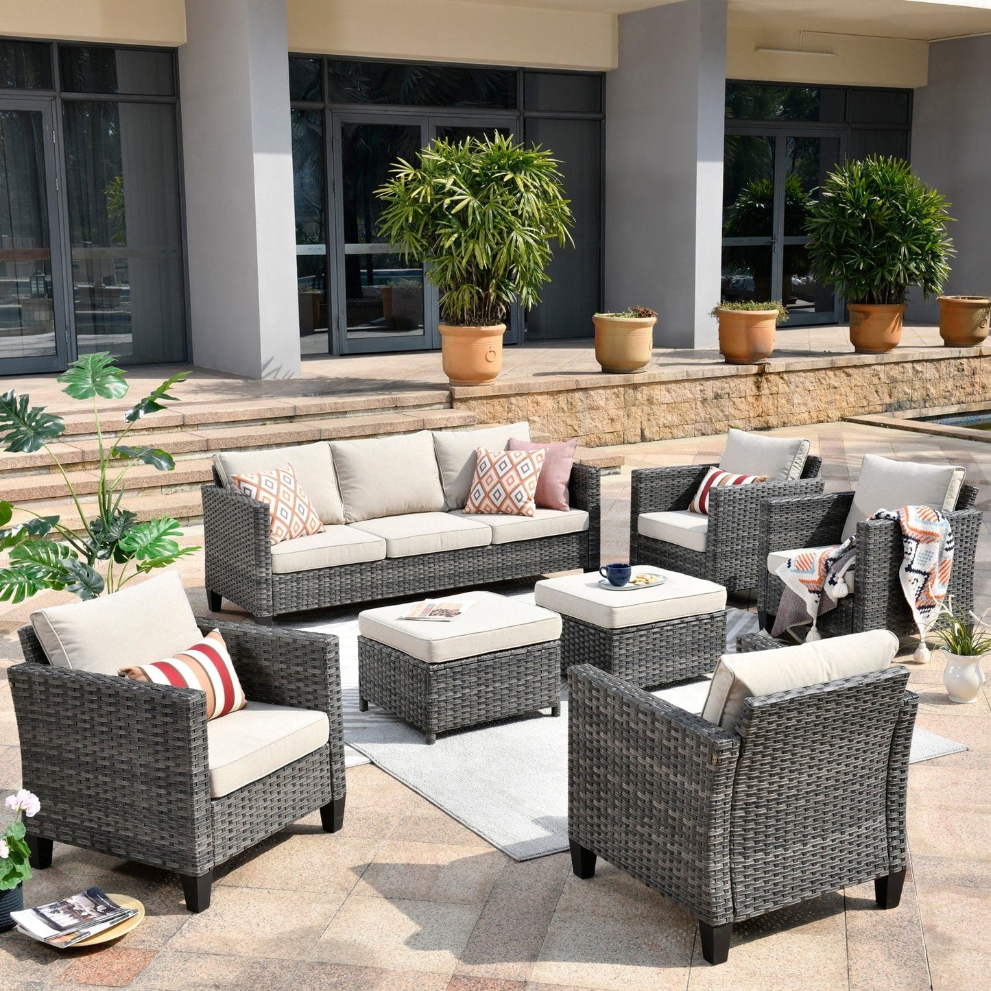 Ensemble de conversation extérieur en osier OVIOS 7 pièces pour patio