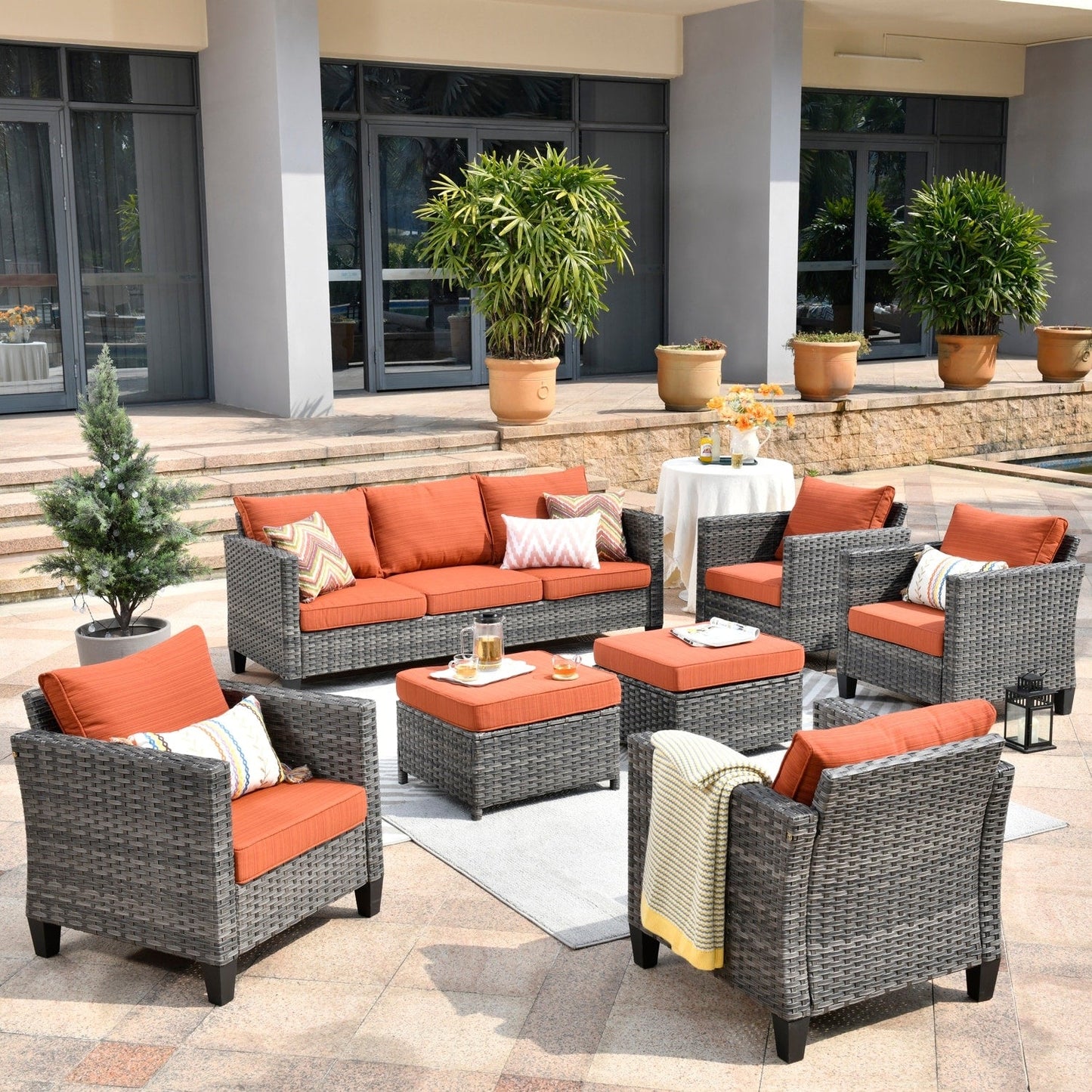 Ensemble de conversation extérieur en osier OVIOS 7 pièces pour patio