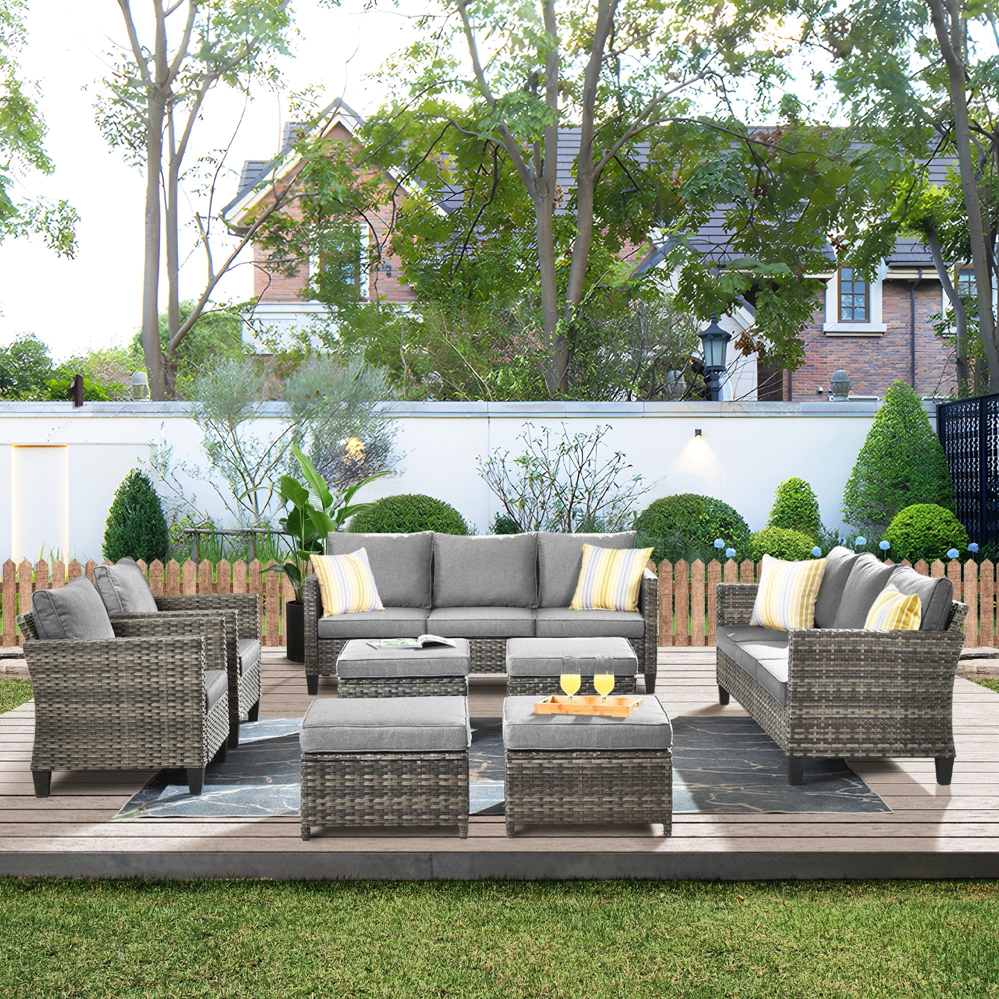 Ensemble de meubles de jardin sectionnels à dossier haut en osier OVIOS 8 pièces