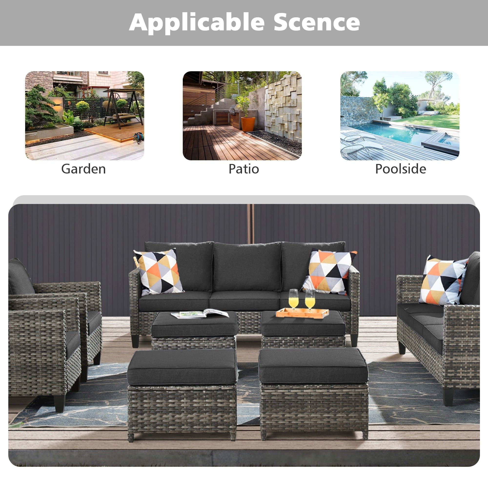 Ensemble de meubles de jardin sectionnels à dossier haut en osier OVIOS 8 pièces