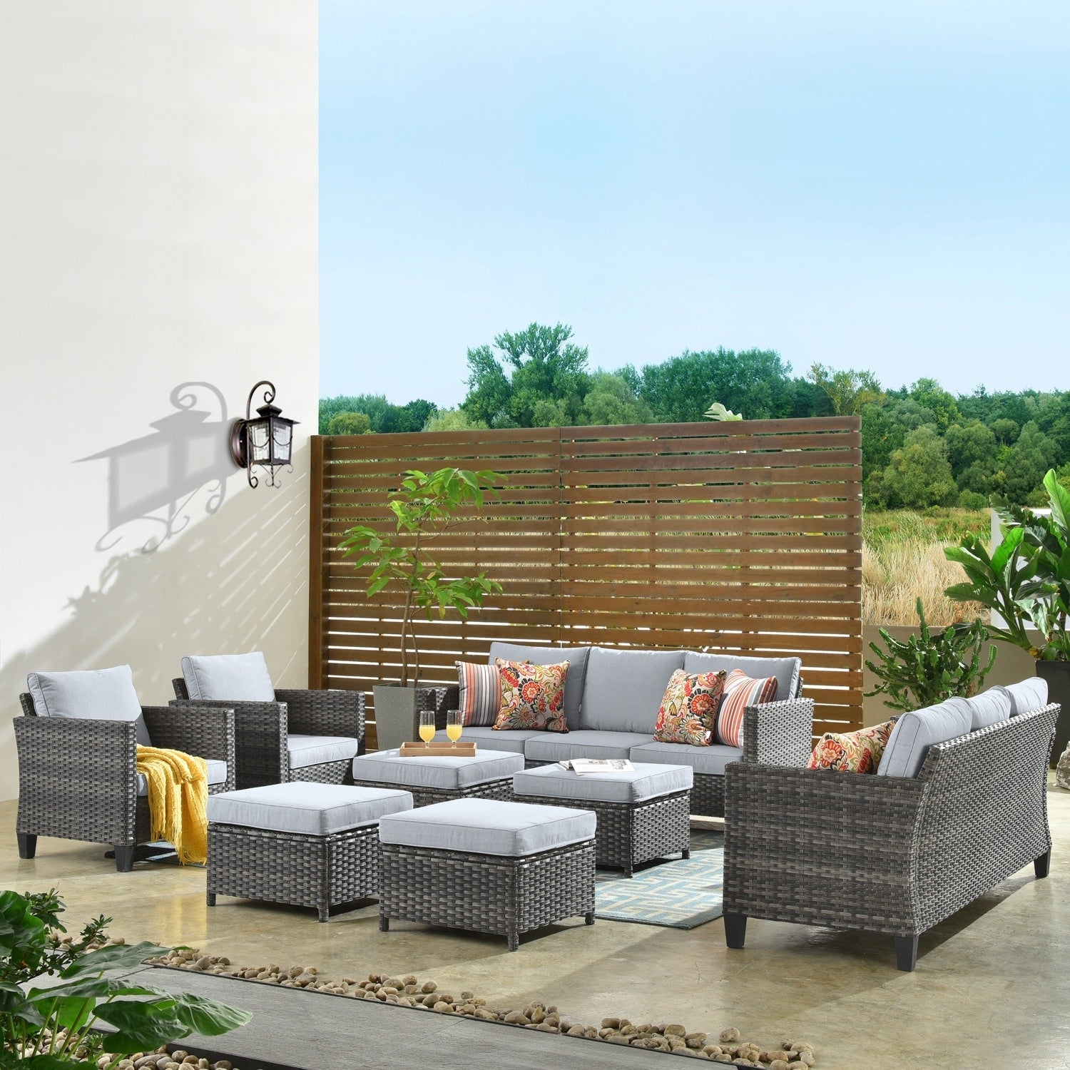 Ensemble de meubles de jardin sectionnels à dossier haut en osier OVIOS 8 pièces