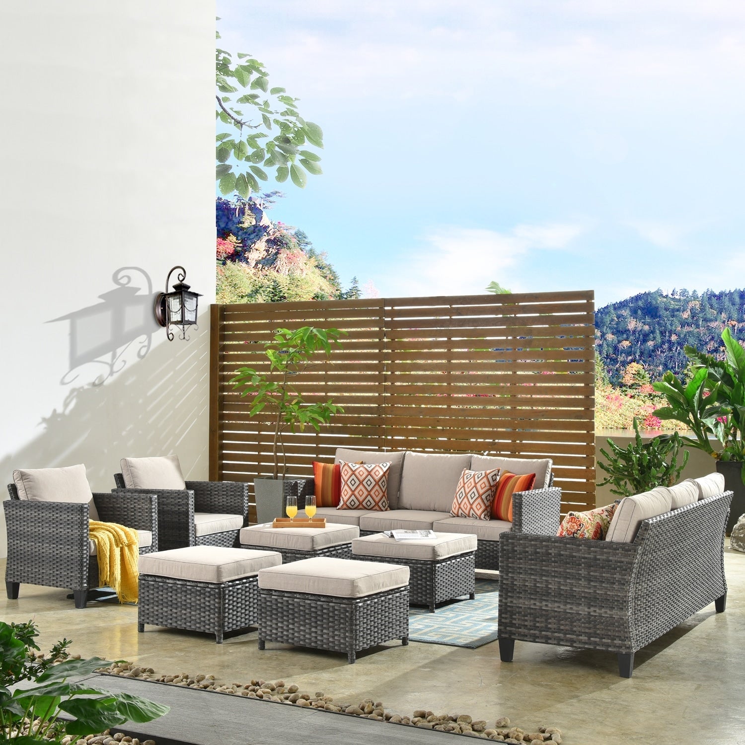 Ensemble de meubles de jardin sectionnels à dossier haut en osier OVIOS 8 pièces