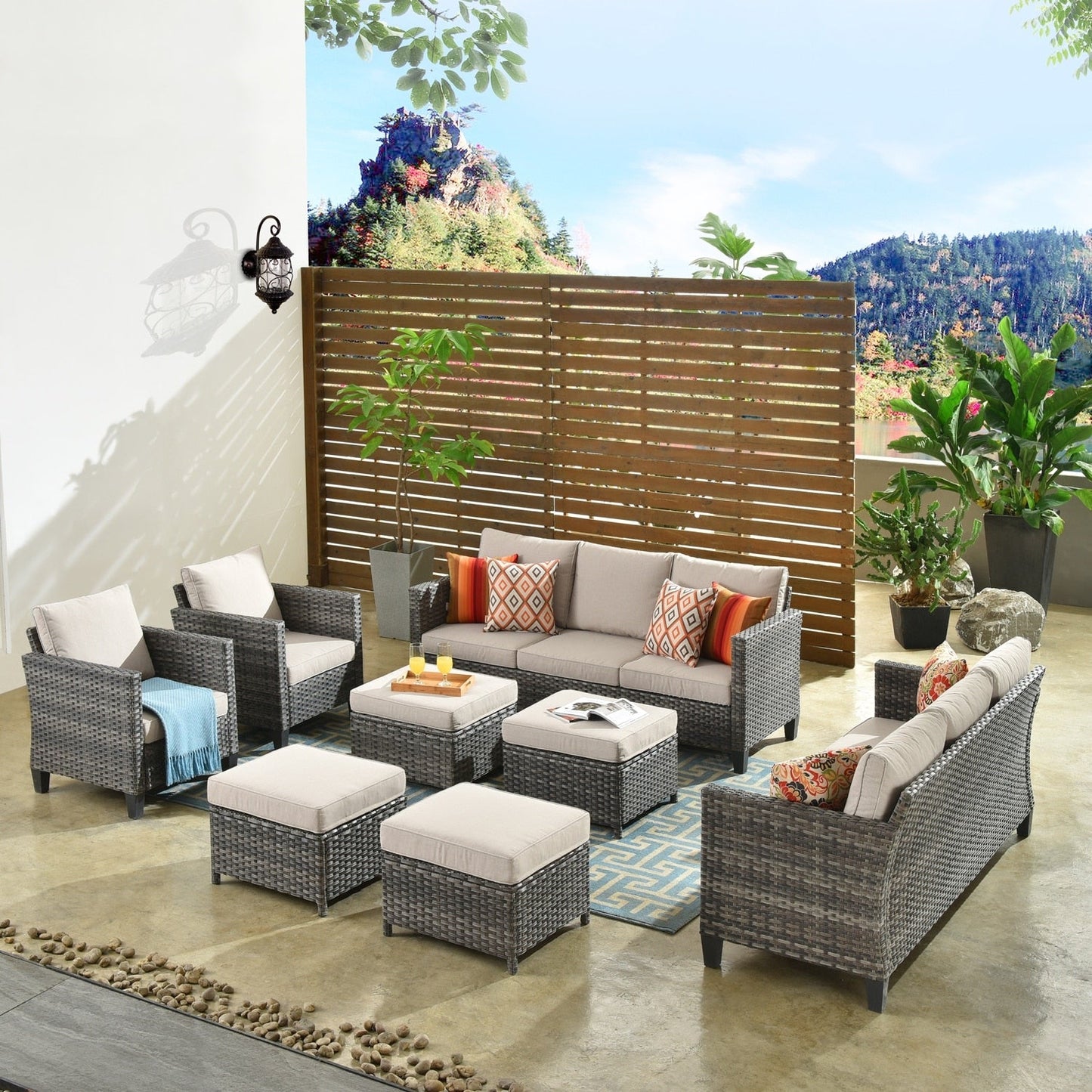 Ensemble de meubles de jardin sectionnels à dossier haut en osier OVIOS 8 pièces