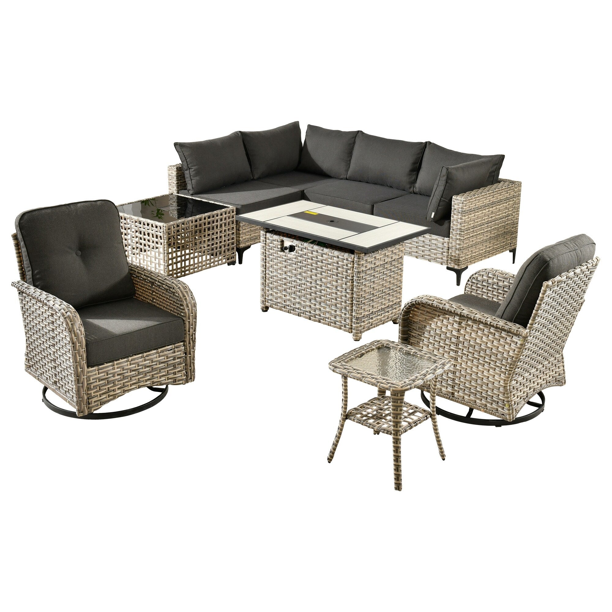 Ensemble de 9 chaises pivotantes d'extérieur en osier OVIOS avec table à feu