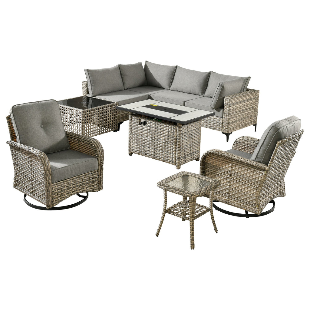 Ensemble de 9 chaises pivotantes d'extérieur en osier OVIOS avec table à feu