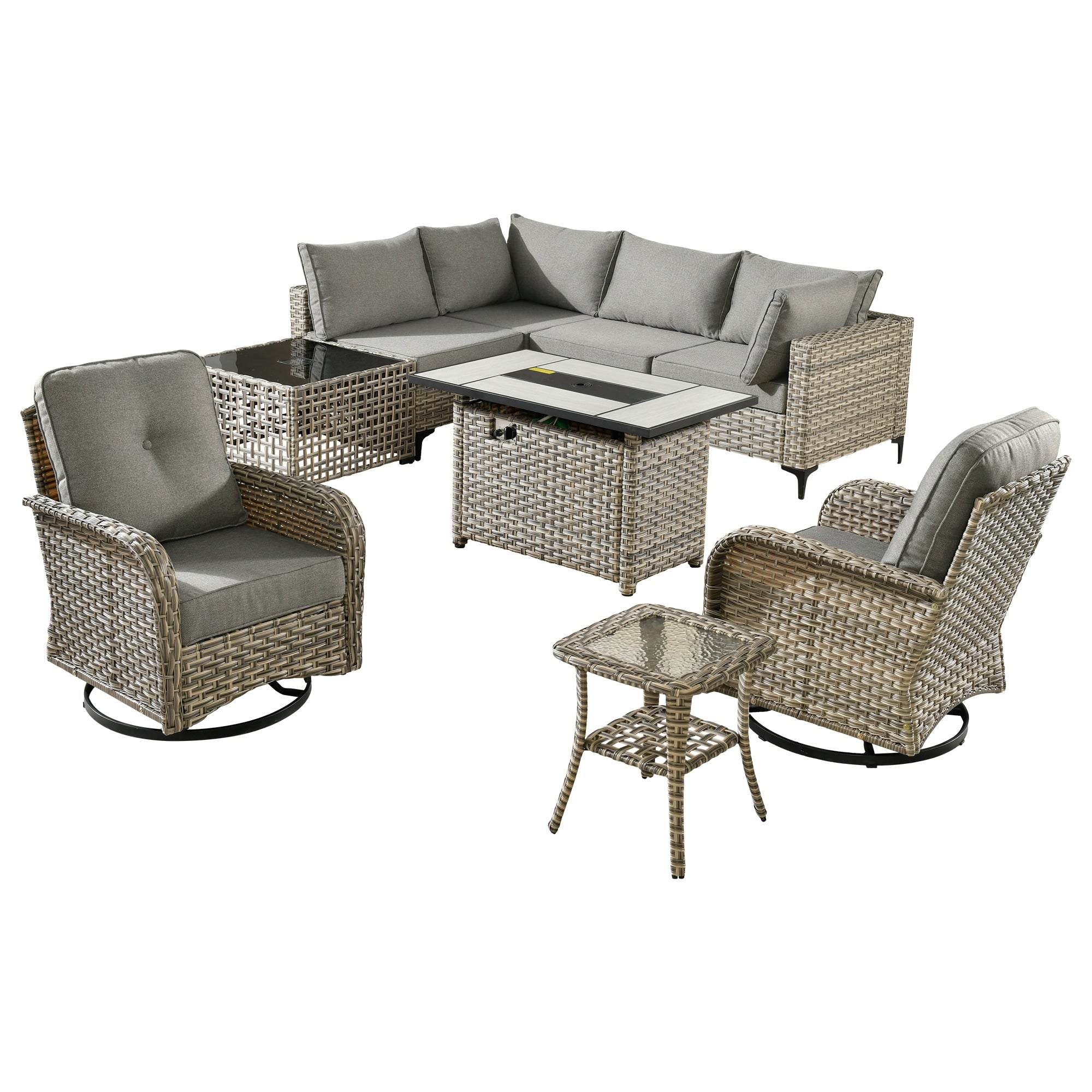 Ensemble de 9 chaises pivotantes d'extérieur en osier OVIOS avec table à feu