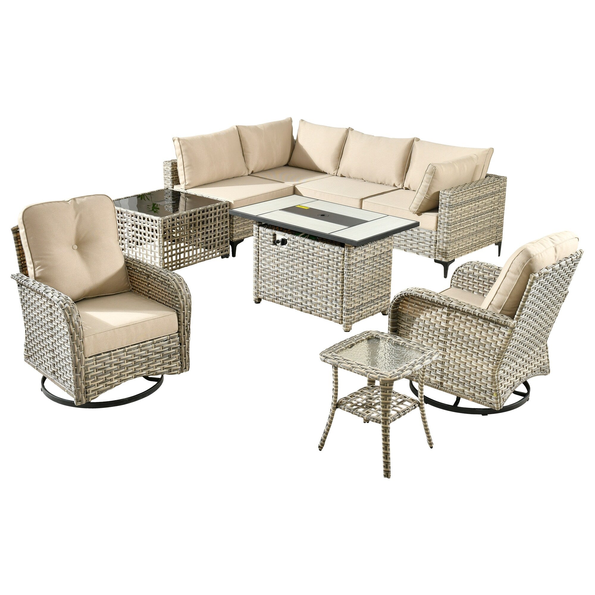Ensemble de 9 chaises pivotantes d'extérieur en osier OVIOS avec table à feu