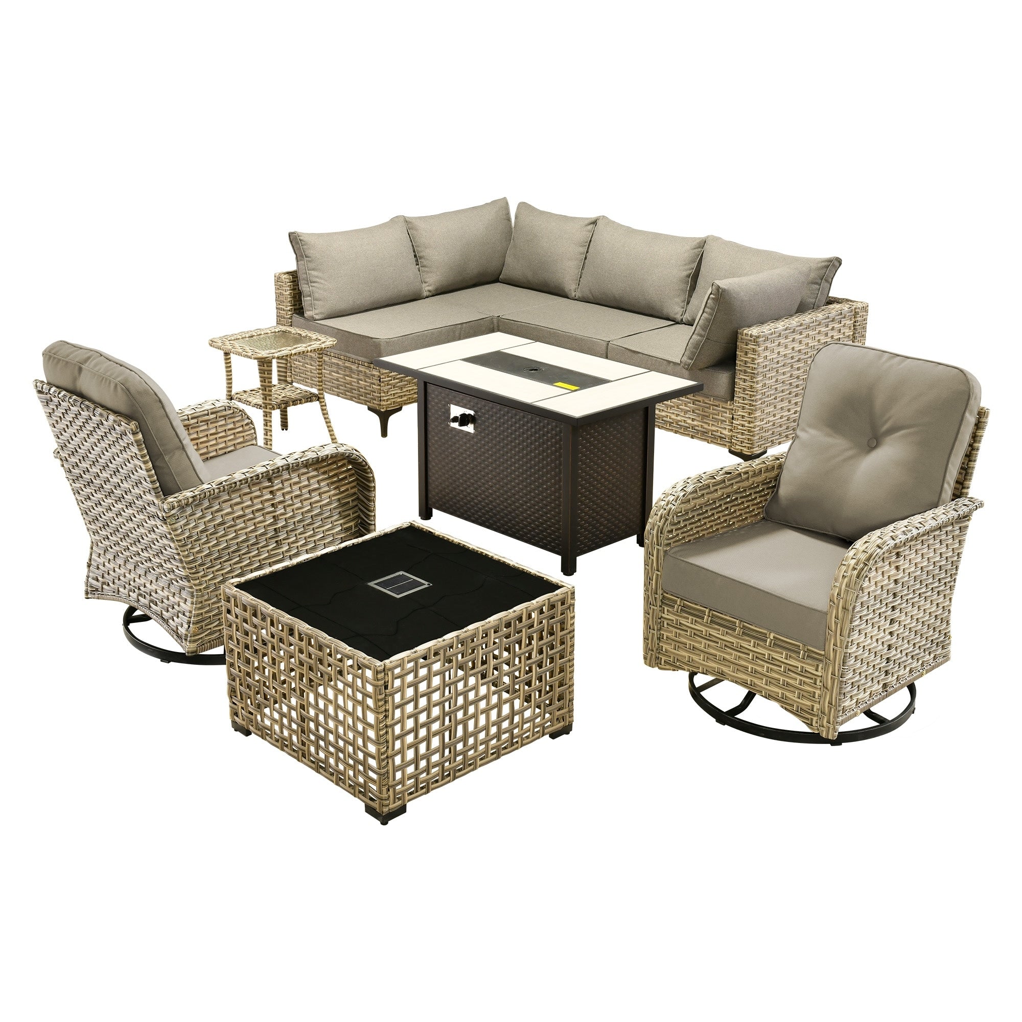 Ensemble de 9 chaises pivotantes d'extérieur en osier OVIOS avec table à feu