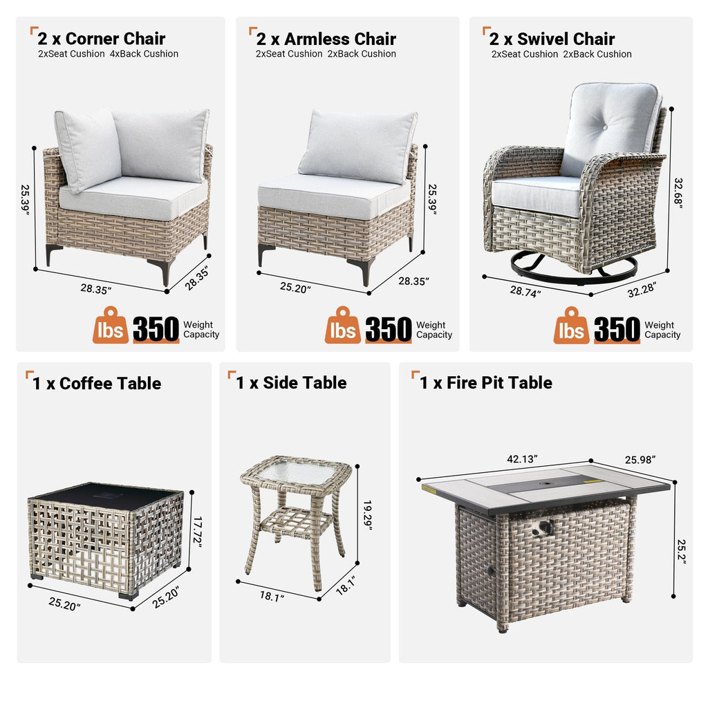 Ensemble de 9 chaises pivotantes d'extérieur en osier OVIOS avec table à feu