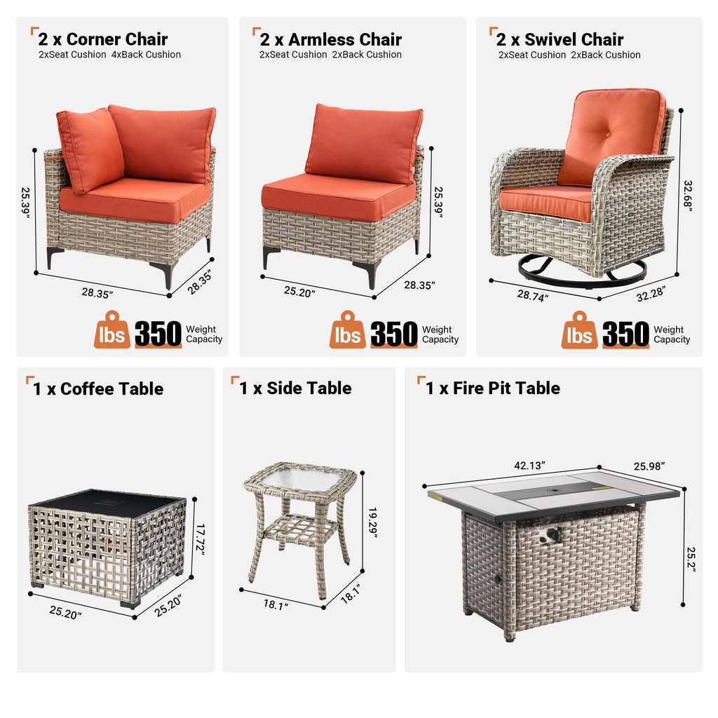 Ensemble de 9 chaises pivotantes d'extérieur en osier OVIOS avec table à feu