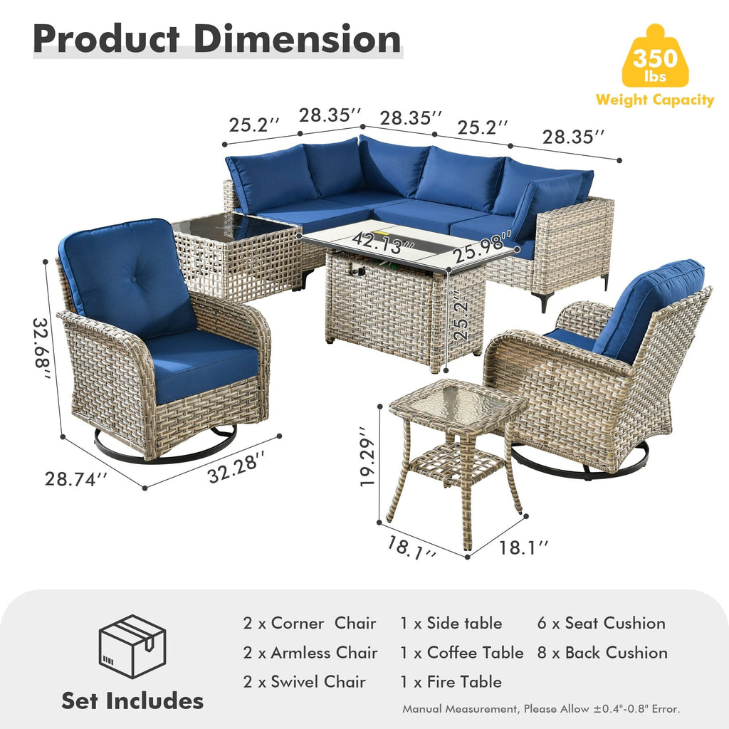 Ensemble de 9 chaises pivotantes d'extérieur en osier OVIOS avec table à feu