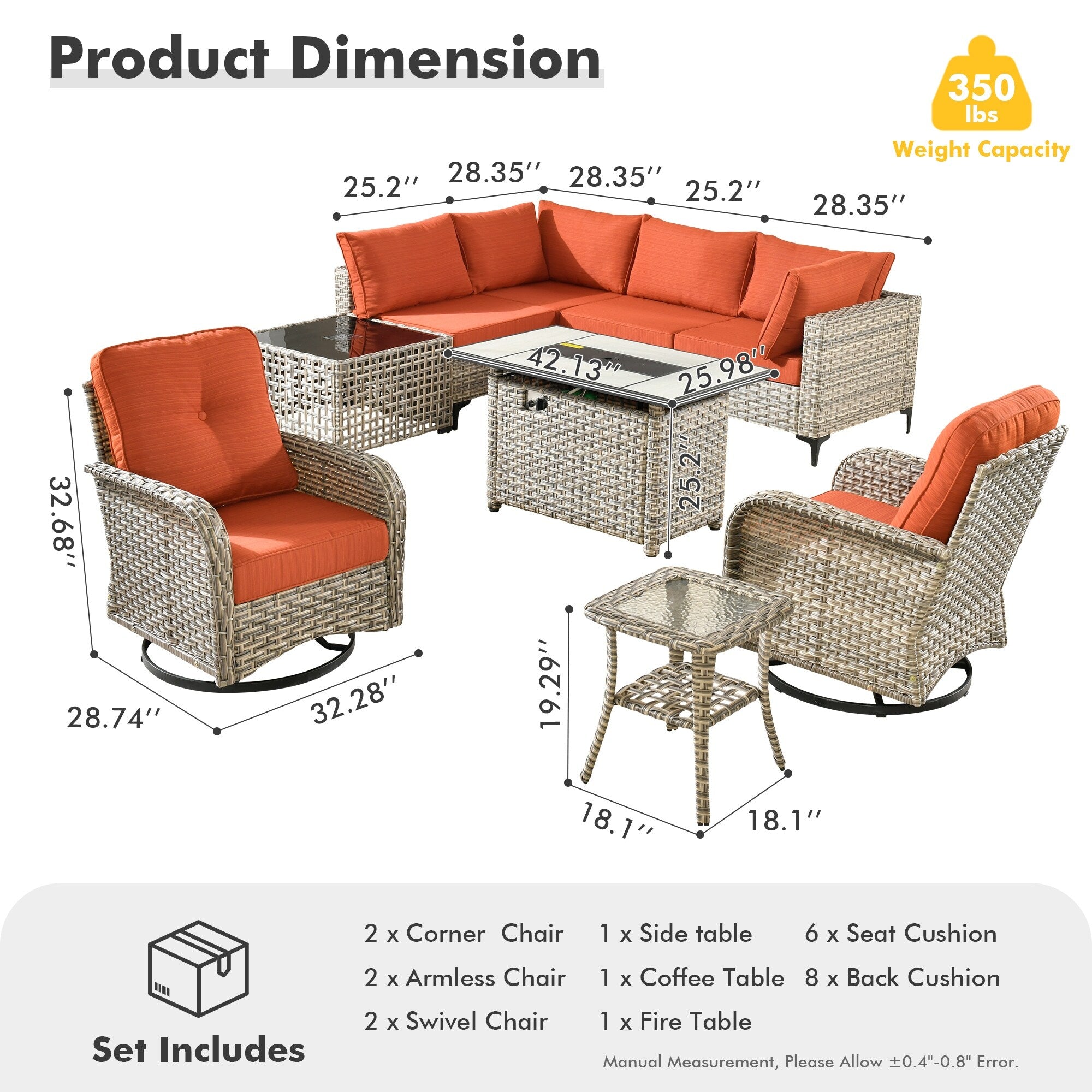 Ensemble de 9 chaises pivotantes d'extérieur en osier OVIOS avec table à feu