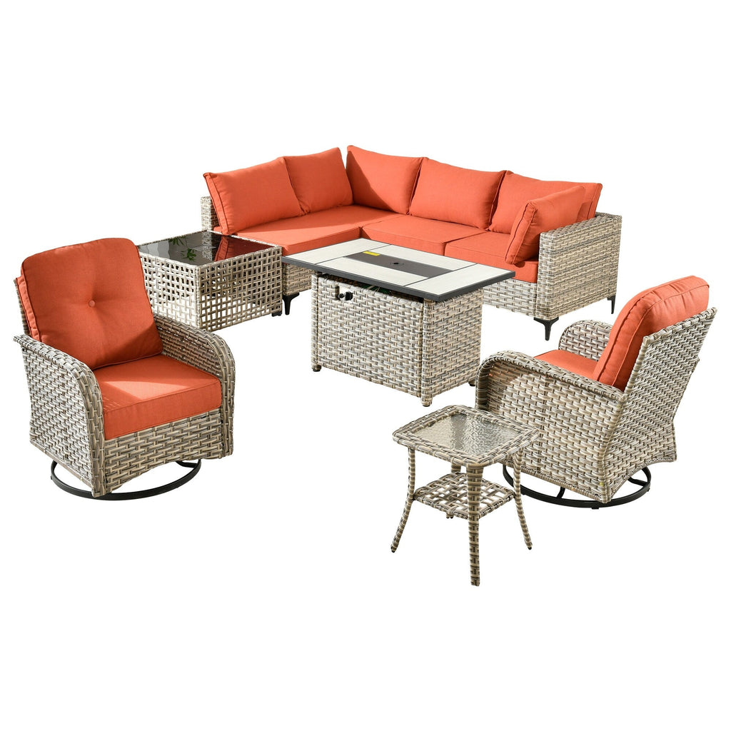 Ensemble de 9 chaises pivotantes d'extérieur en osier OVIOS avec table à feu