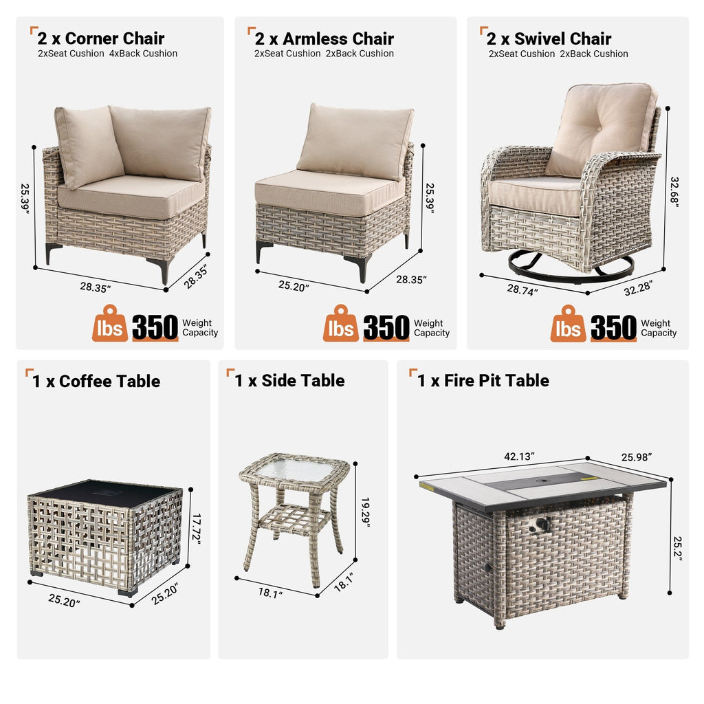 Ensemble de 9 chaises pivotantes d'extérieur en osier OVIOS avec table à feu
