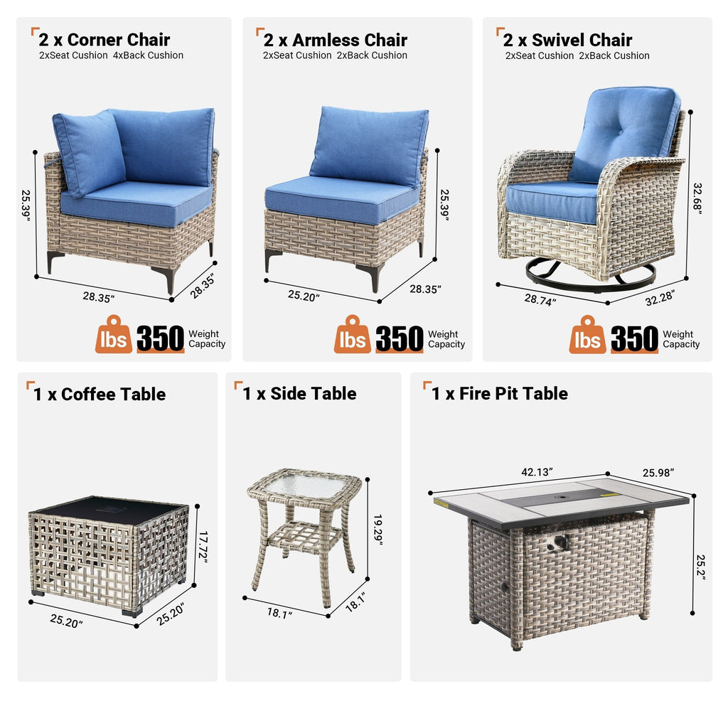 Ensemble de 9 chaises pivotantes d'extérieur en osier OVIOS avec table à feu