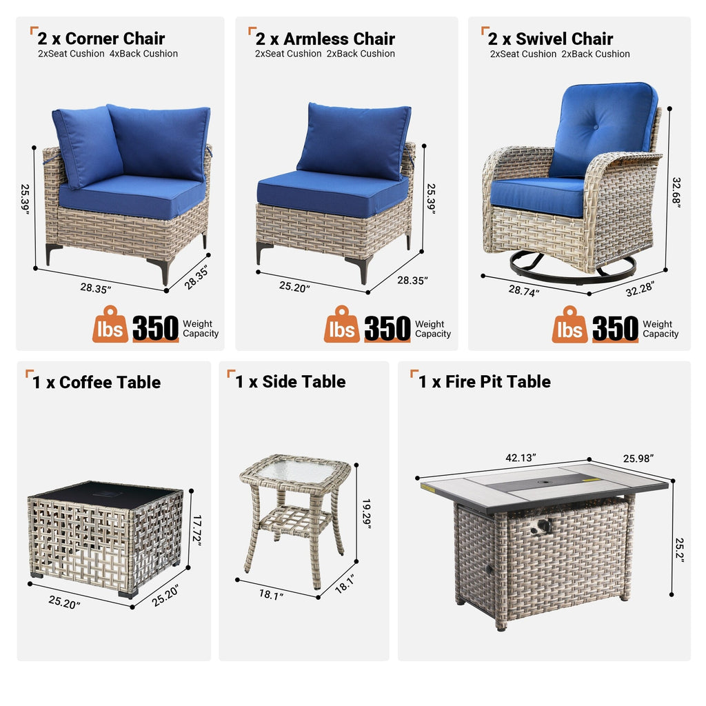 Ensemble de 9 chaises pivotantes d'extérieur en osier OVIOS avec table à feu