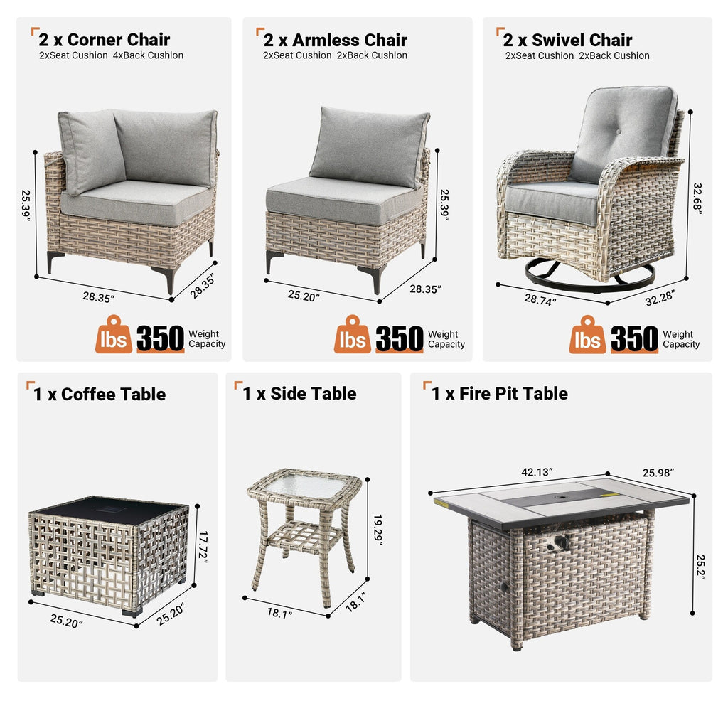 Ensemble de 9 chaises pivotantes d'extérieur en osier OVIOS avec table à feu