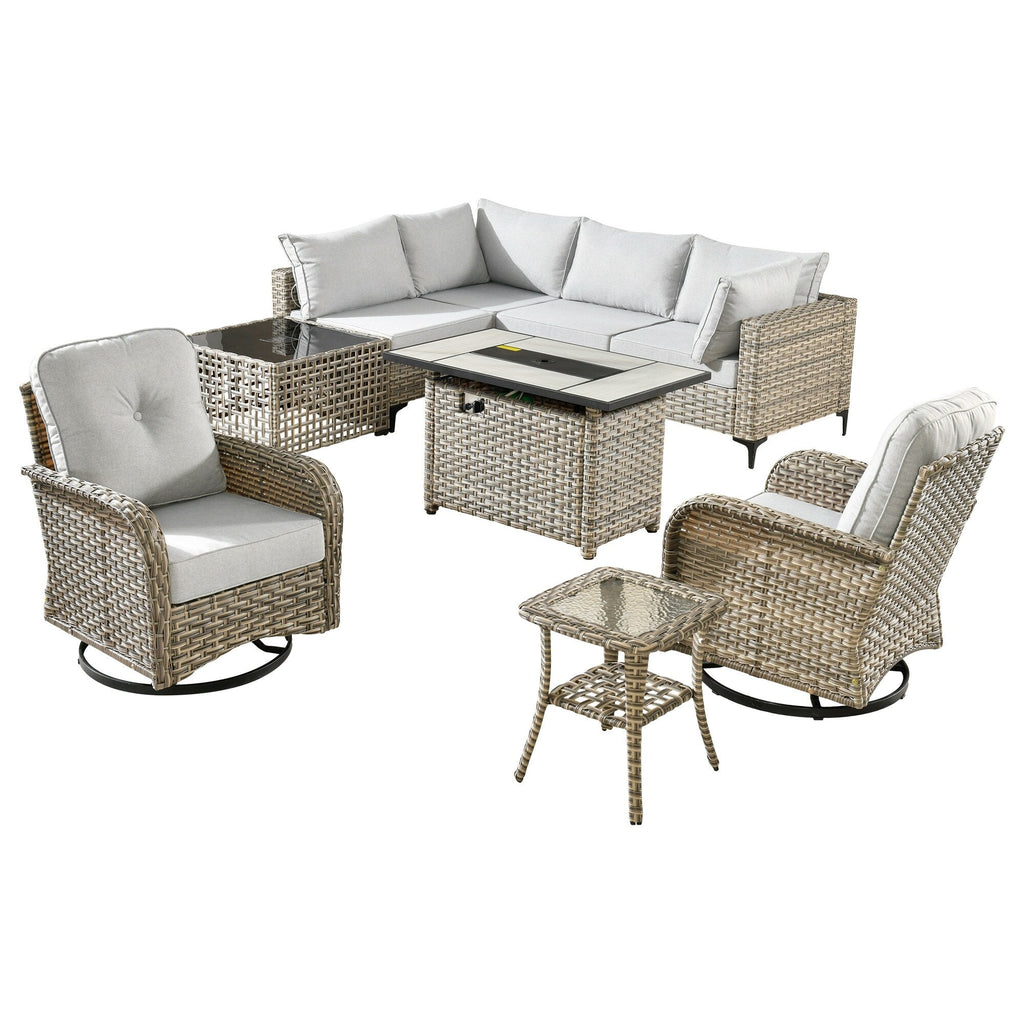 Ensemble de 9 chaises pivotantes d'extérieur en osier OVIOS avec table à feu