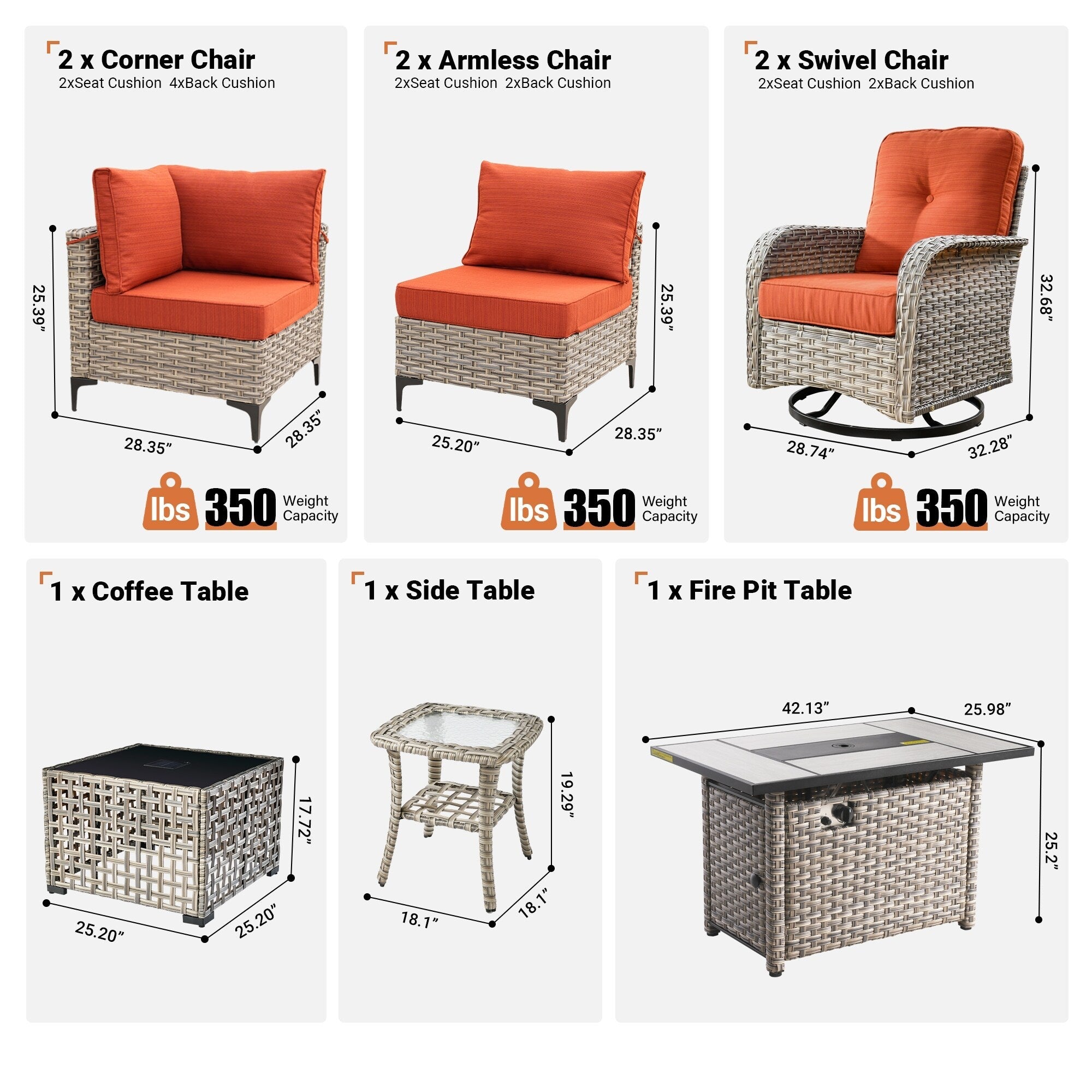 Ensemble de 9 chaises pivotantes d'extérieur en osier OVIOS avec table à feu