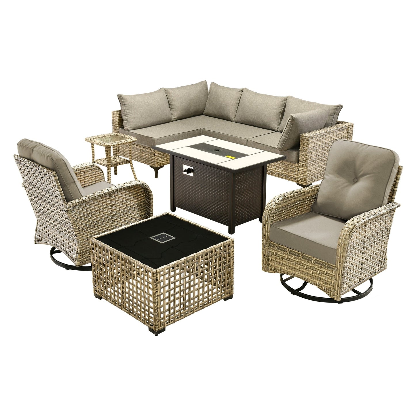 Ensemble de 9 chaises pivotantes d'extérieur en osier OVIOS avec table à feu