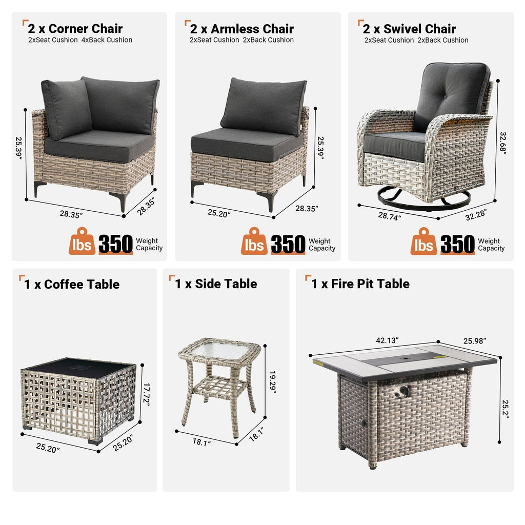 Ensemble de 9 chaises pivotantes d'extérieur en osier OVIOS avec table à feu