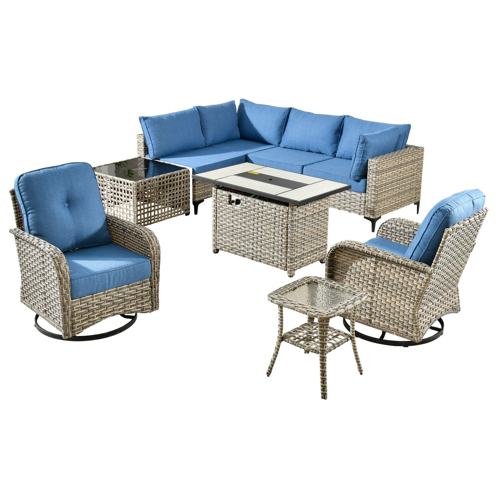 Ensemble de 9 chaises pivotantes d'extérieur en osier OVIOS avec table à feu