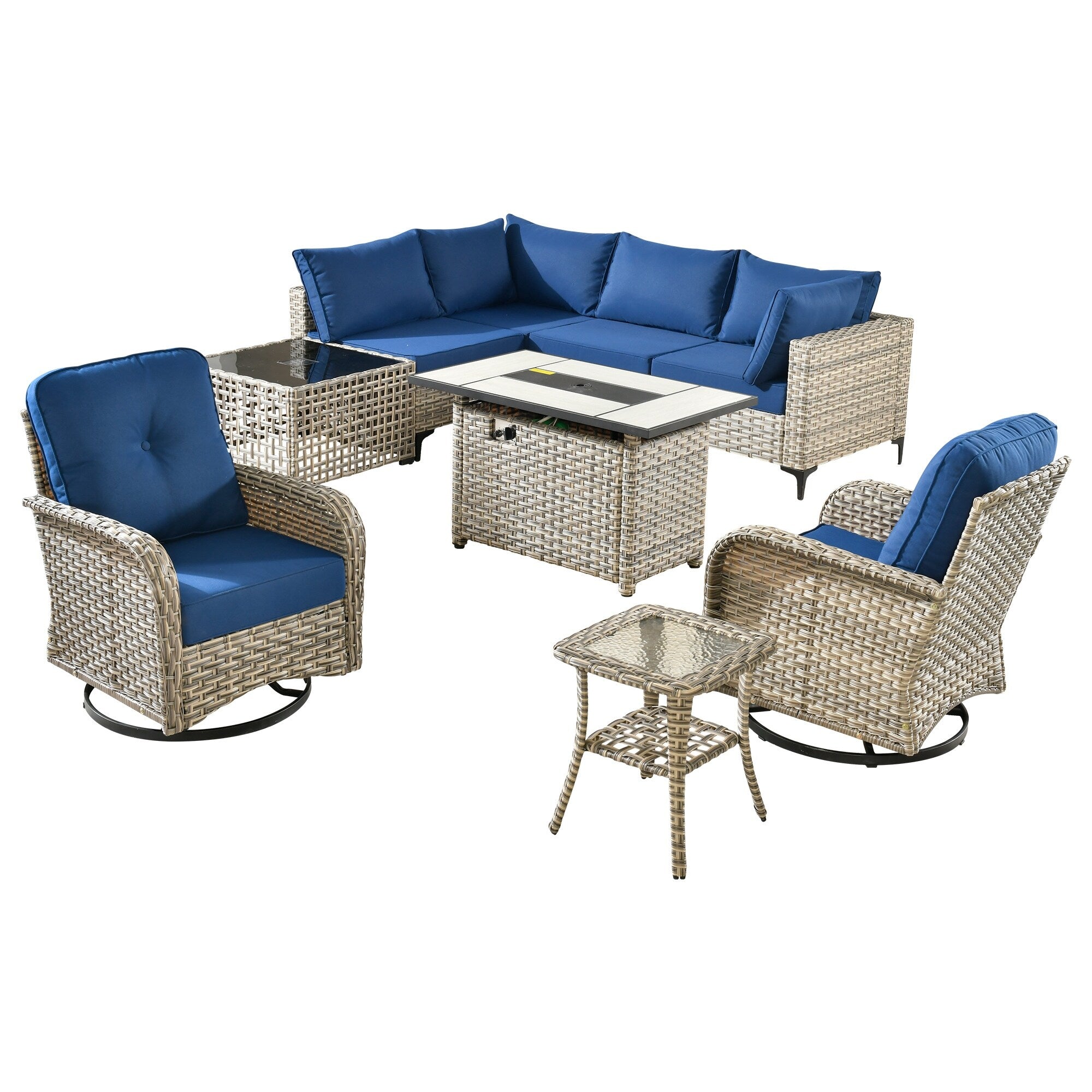 Ensemble de 9 chaises pivotantes d'extérieur en osier OVIOS avec table à feu