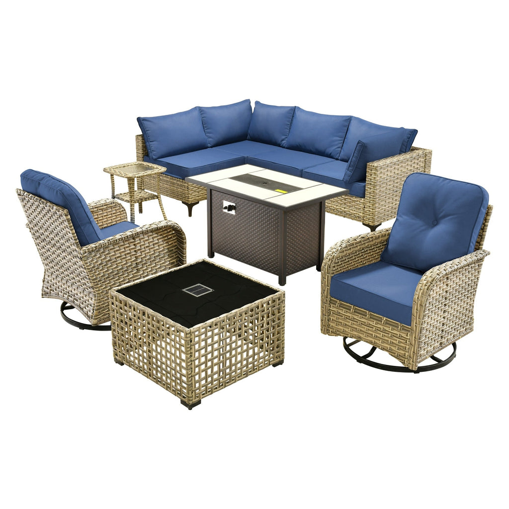Ensemble de 9 chaises pivotantes d'extérieur en osier OVIOS avec table à feu