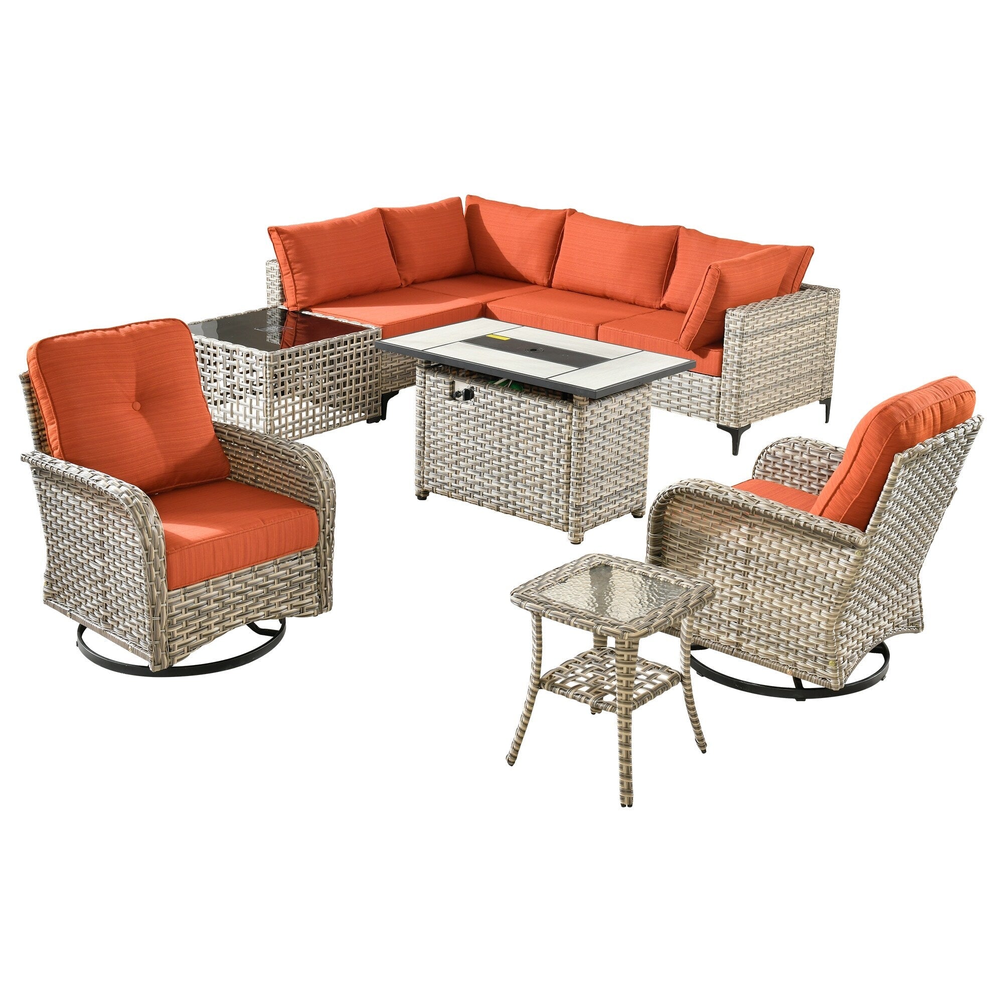 Ensemble de 9 chaises pivotantes d'extérieur en osier OVIOS avec table à feu