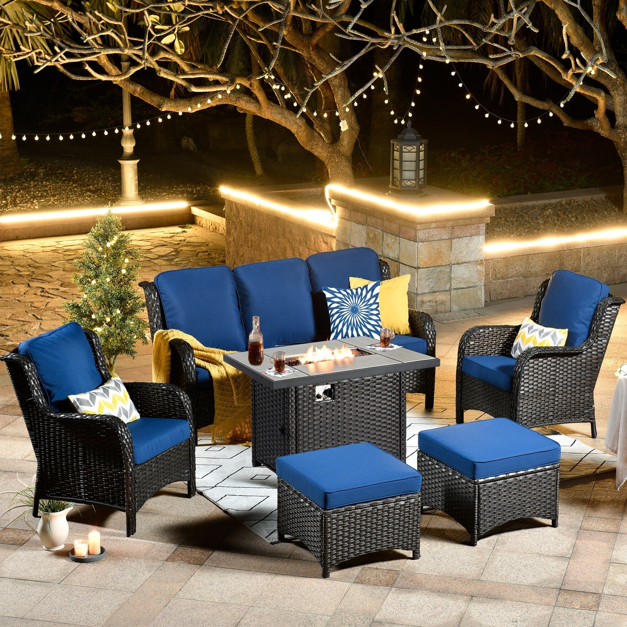 Ensemble de meubles de patio en osier OVIOS 6 pièces avec table de foyer de 42 pouces