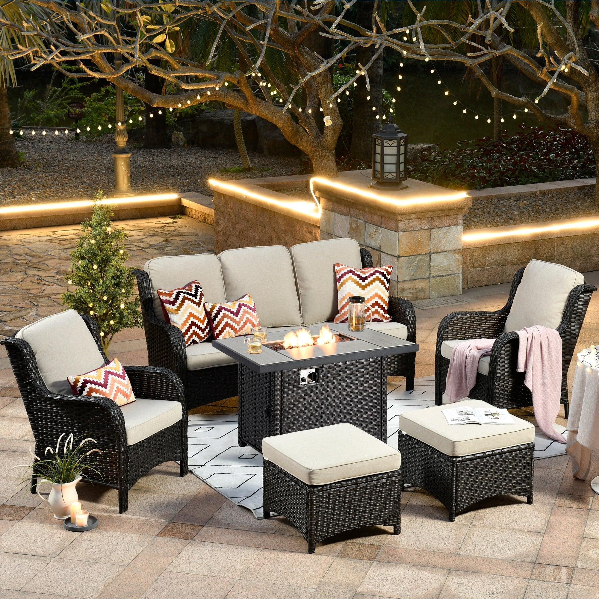 Ensemble de meubles de patio en osier OVIOS 6 pièces avec table de foyer de 42 pouces