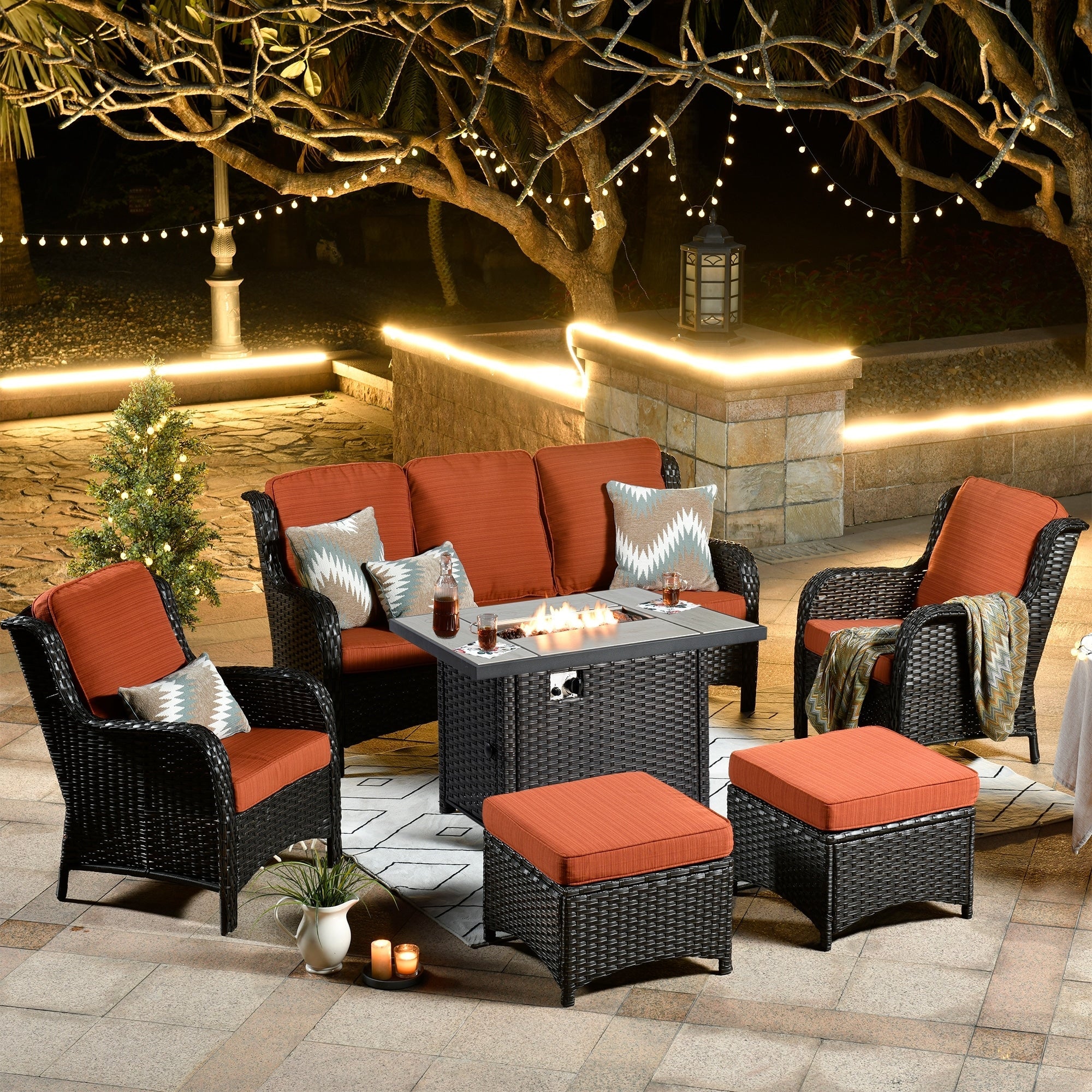 Ensemble de meubles de patio en osier OVIOS 6 pièces avec table de foyer de 42 pouces