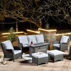 Ensemble de meubles de patio OVIOS en osier gris 6 pièces avec foyer rectangulaire