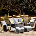 Ensemble de meubles de patio OVIOS en osier gris 6 pièces avec foyer rectangulaire