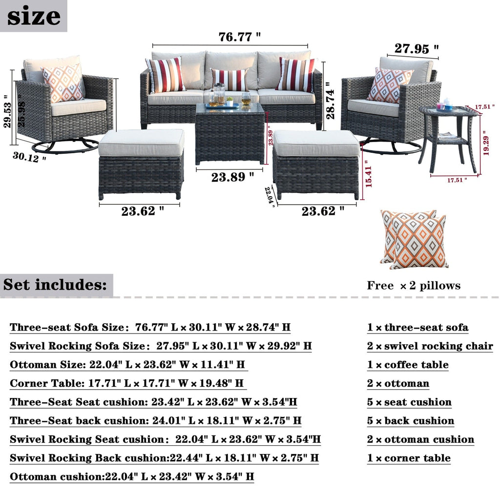Ensemble de meubles de patio OVIOS 7 pièces en osier avec chaises pivotantes à bascule