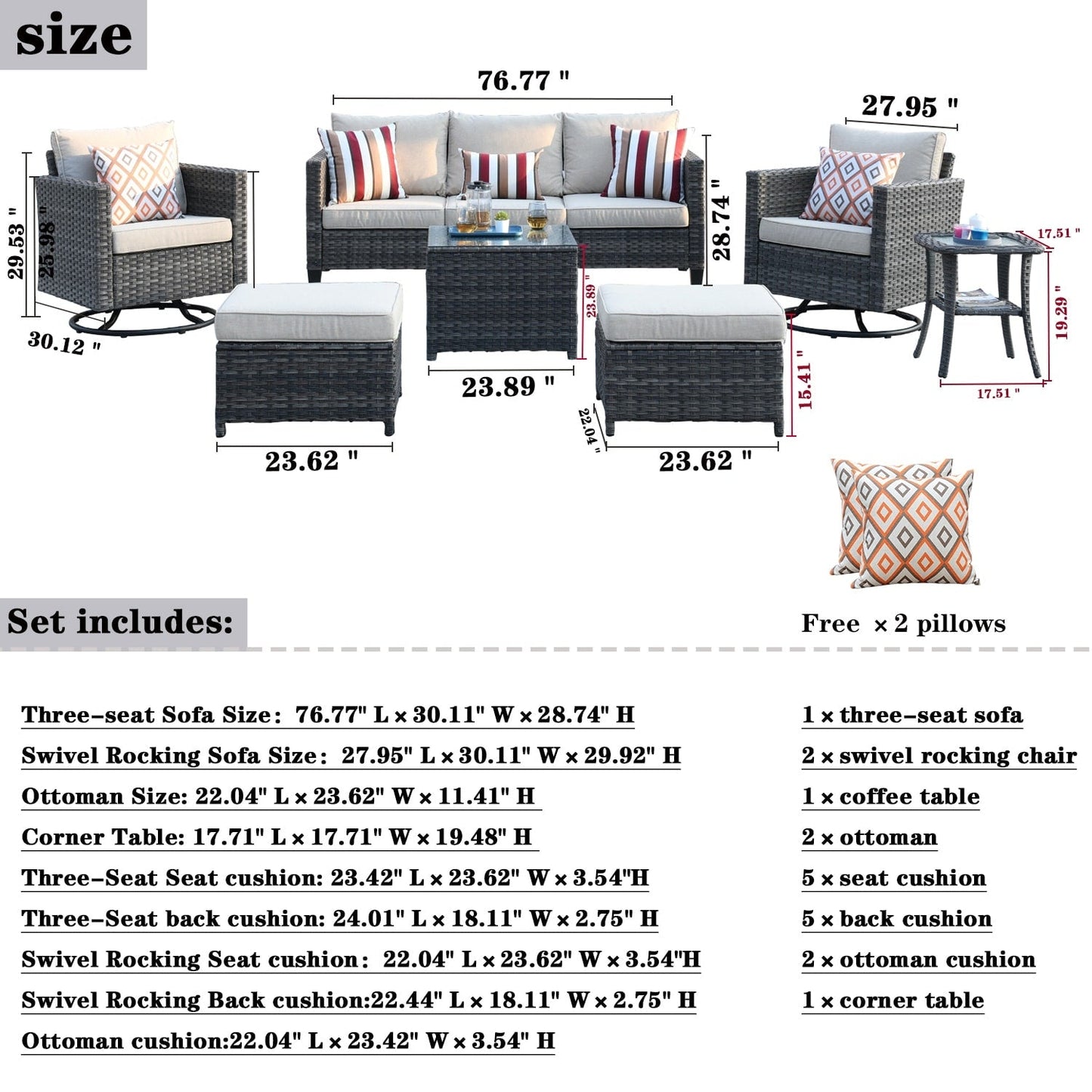 Ensemble de meubles de patio OVIOS 7 pièces en osier avec chaises pivotantes à bascule