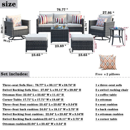 Ensemble de meubles de patio OVIOS 7 pièces en osier avec chaises pivotantes à bascule
