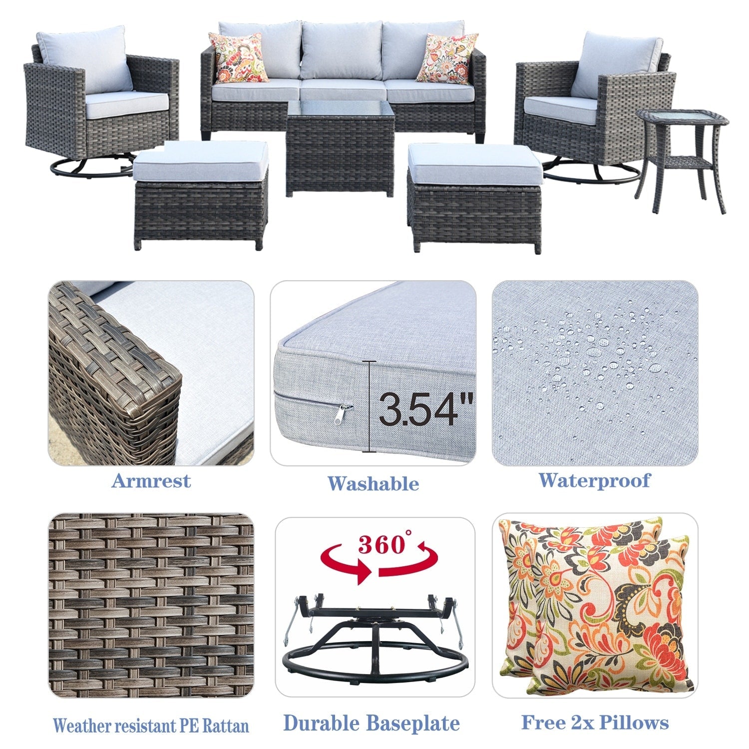 Ensemble de meubles de patio OVIOS 7 pièces en osier avec chaises pivotantes à bascule