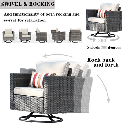 Ensemble de meubles de patio OVIOS 7 pièces en osier avec chaises pivotantes à bascule