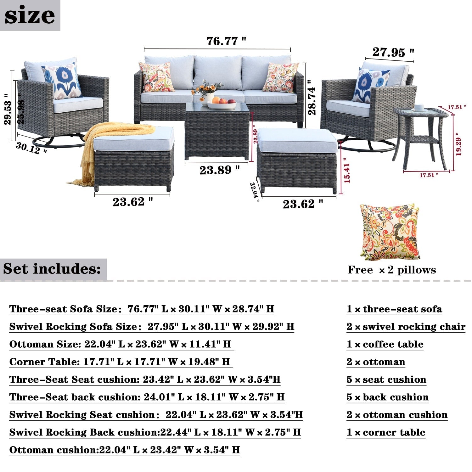 Ensemble de meubles de patio OVIOS 7 pièces en osier avec chaises pivotantes à bascule