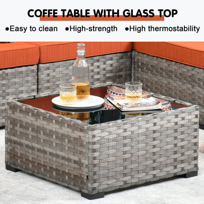 Ensemble de 9 chaises pivotantes à bascule en osier pour patio OVIOS avec tables à plateau en verre