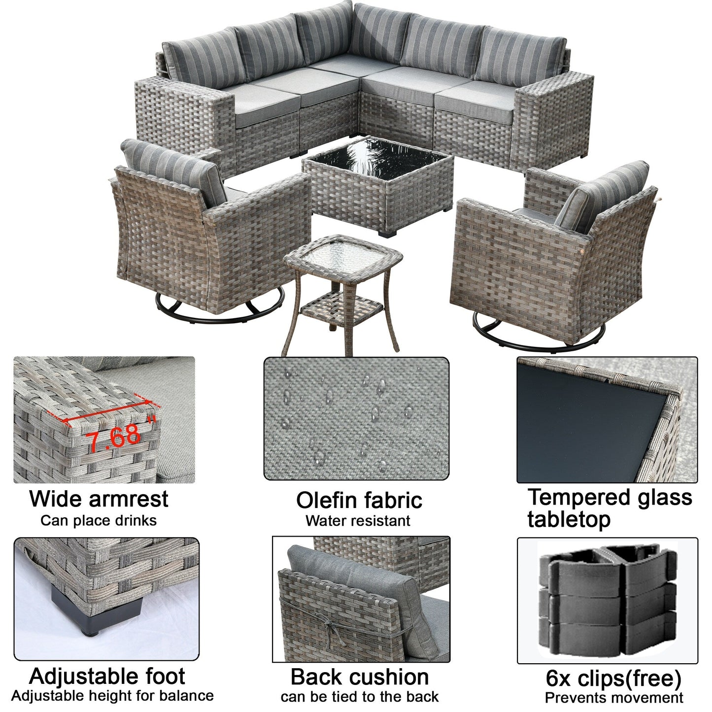 Ensemble de 9 chaises pivotantes à bascule en osier pour patio OVIOS avec tables à plateau en verre