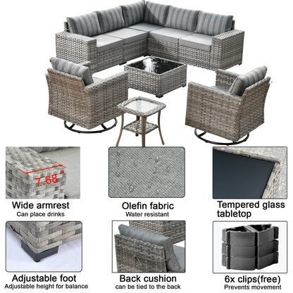 Ensemble de 9 chaises pivotantes à bascule en osier pour patio OVIOS avec tables à plateau en verre