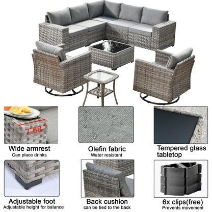 Ensemble de 9 chaises pivotantes à bascule en osier pour patio OVIOS avec tables à plateau en verre