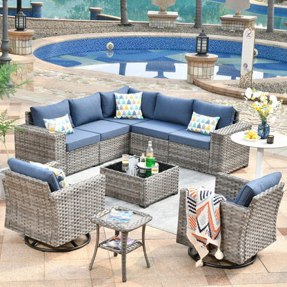 Ensemble de 9 chaises pivotantes à bascule en osier pour patio OVIOS avec tables à plateau en verre