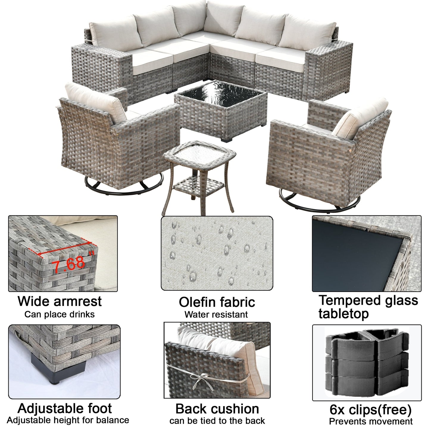 Ensemble de 9 chaises pivotantes à bascule en osier pour patio OVIOS avec tables à plateau en verre
