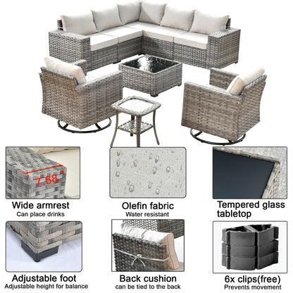 Ensemble de 9 chaises pivotantes à bascule en osier pour patio OVIOS avec tables à plateau en verre