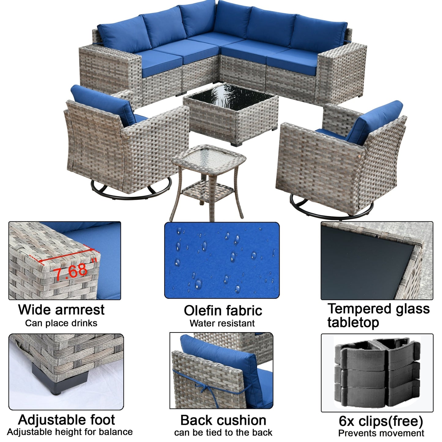 Ensemble de 9 chaises pivotantes à bascule en osier pour patio OVIOS avec tables à plateau en verre