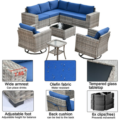 Ensemble de 9 chaises pivotantes à bascule en osier pour patio OVIOS avec tables à plateau en verre
